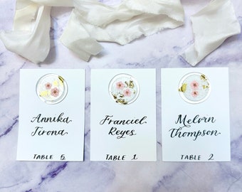 Pink Daffodils Wax Stamp Place Cards + Pink Pressed Flowers Escort Cards  + Gold Foil Wax Stamp Escort Cards + Calligraphy Place Cards