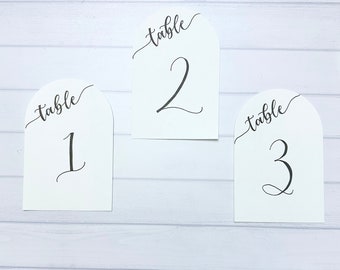 Arch Paper Table Numbers Set | Calligraphy Table Numbers Signs | Elegant White and Black Design | Handwritten Table Numbers for Wedding.