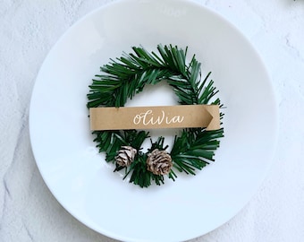 Christmas Mini Wreath Place Cards | Christmas Wedding Place Cards | Banner Table Cards | Greenery Christmas Place Cards | Christmas Decor.