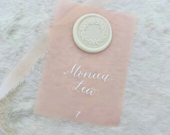 Blush Vellum and Wax Seal Place Cards + Flat Lay Wedding Vellum Escort Cards + Calligraphy Vellum Place Cards + Wedding Seating Name Cards