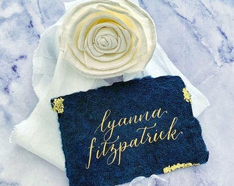 Blue & Gold Foil Wedding Place Cards | Handmade Paper Escort Cards | Raw Edge | Calligraphy | Romantic Wedding Decor.
