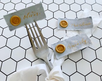 Mini Dusty Blue Shade Wax Seal Fork Place Cards | Small Wax Seal Place Cards | Calligraphy Place Cards | Table Decor | Rustic Chic Wedding.