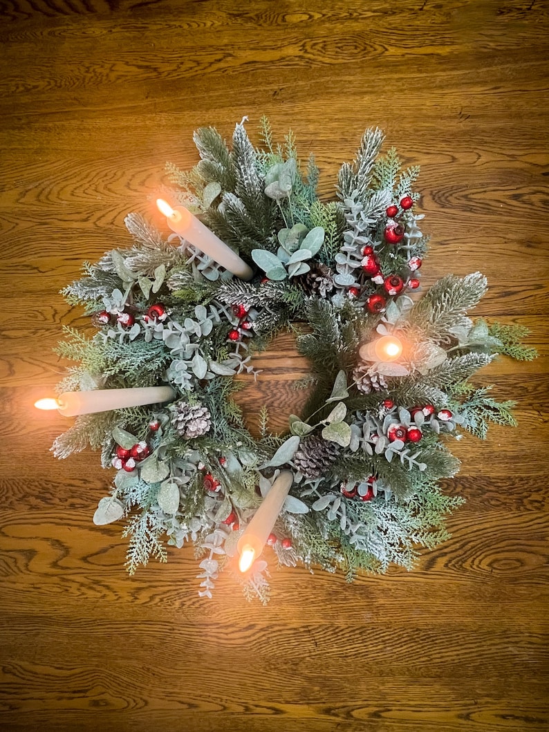 Christmas Advent Wreath Candle Holder for four taper candles, Nativity Centerpiece, faux flocked greeneery and winter berries.