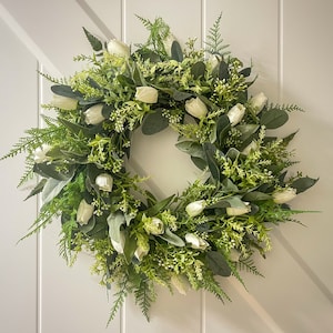 White Tulip Wreath Spring Wreath for Front Door  farmhouse decor cottage core gift for Mom White faux tulip flowers Eucalyptus Lambs Ear