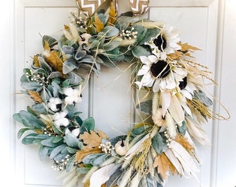 Faux Lamb’s Ear Fall Wreath with White Sunflowers and Cotton