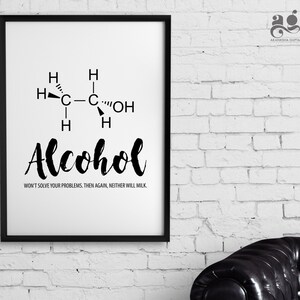 May include: Black and white printable wall art featuring a chemical formula for alcohol with the text "Alcohol won't solve your problems. Then again, neither will milk."