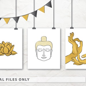 May include: Three framed art prints featuring gold illustrations on white backgrounds. The prints depict a lotus flower, a Buddha head, and hands in a mudra pose. The text "DIGITAL FILES ONLY" is at the bottom.