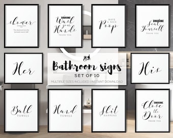 Bathroom Signs Set of 10, Bathroom Rules printable, Bathroom decor, Washroom Posters, Toilet wall art, Office bathroom prints, restroom sign