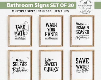 Funny Bathroom Signs Printables Set of 30, Art de la salle de bain, Décor de bain, Affiches de salle de bain, Art mural de toilette, Estampes de salle d'eau, signes de toilettes