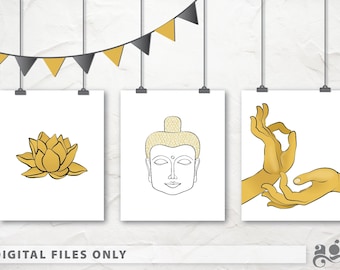 Decoración de estudio de yoga - Conjunto de 3 imprimibles, Arte de la pared de Buda, Ilustración de Gyan Mudra, Cartel de loto, Regalo del maestro de yoga, Cabeza de Buda imprimible