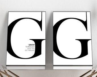 Letter G Initial Print Set of 2, G Monogram Printable Poster with Motivational Quote, Single Letter Minimalist Wall Art, Scandinavian decor