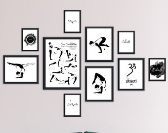 Paquete de carteles de yoga Conjunto de 10, Salción del sol, Regalo de día de yoga, Yoga Poses, Inhalar exhalar, Mantener la calma, Sólo respirar, Karma Om Shanti impresiones