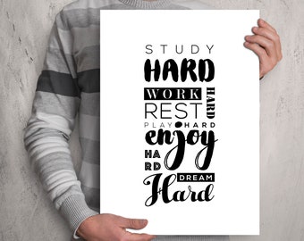 Work Hard Play Hard Print, Study Room Decor, Printable Motivational Quotes, Home Office wal art, Labor Day Sign, Dormitory Typography Poster