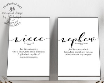 Niece Nephew definition prints set of 2, word definition printables, funny poster gifts for Niece Nephew, birthday gift from aunt and uncle
