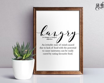 Hangry definition prints, funny typography printable, printable quotes, hangry sign, farm house decor, kitchen wall art, gift for food lover