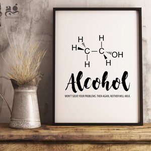 May include: Black and white printable wall art featuring a chemical formula for alcohol with the text "Alcohol won't solve your problems. Then again, neither will milk."