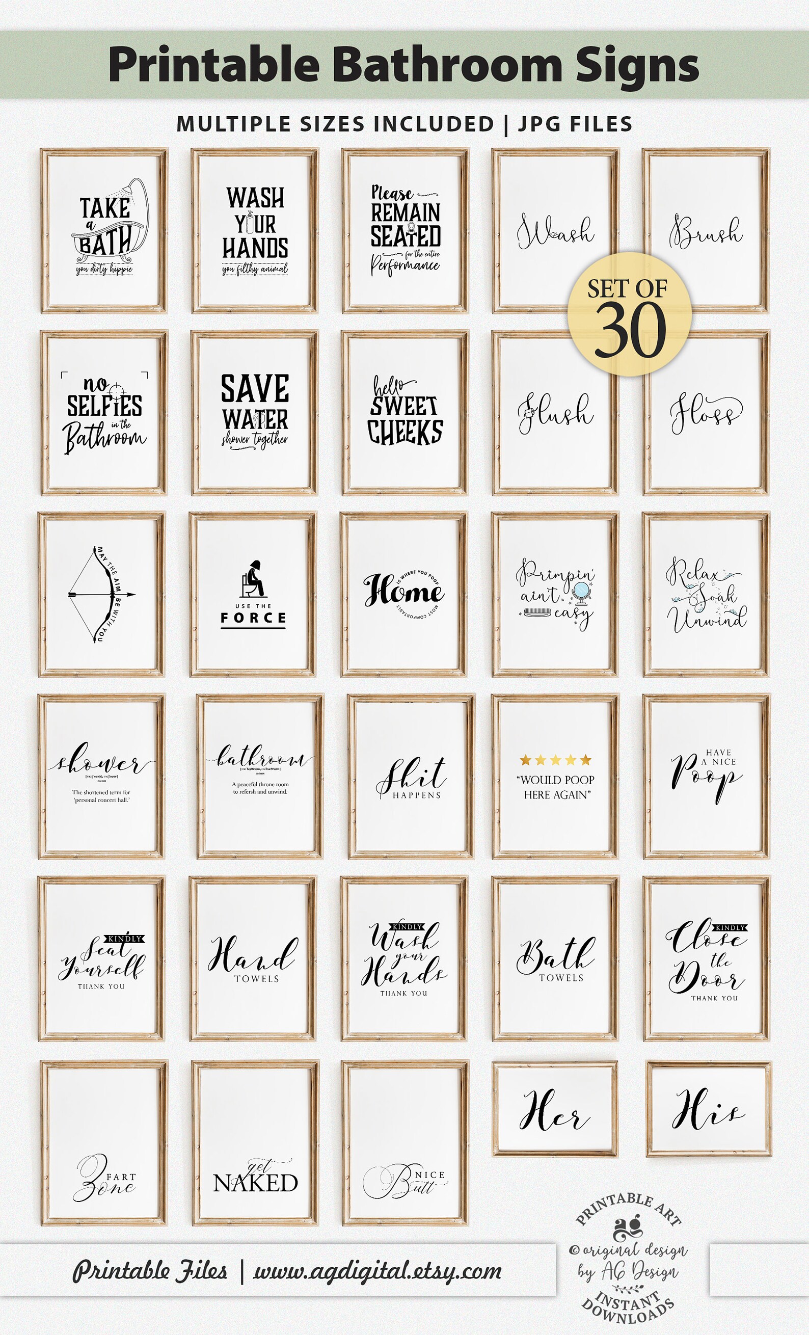 Funny Bathroom Signs Printables Set of 30 Bathroom Art Bath | Etsy India