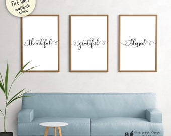 Agradecido agradecido bendito arte imprimible, conjunto de 3, decoración de Acción de Gracias, tipografía cita arte de pared, cartel inspirador, cartel del comedor signo