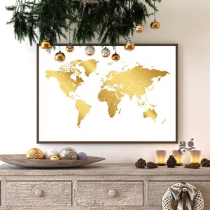 Art de mur de carte du monde, affiche de carte du monde d’or, cadeau imprimable de voyage, impression de carte du monde, goupille de poussée de carte du monde, décor de salle de jeu, signe de Wanderlust