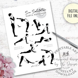 Puede incluir: Un p&oacute;ster de yoga imprimible con ilustraciones en blanco y negro de una mujer realizando las posturas de saludo al sol. El p&oacute;ster incluye el texto "Sun Salutation" y "Surya Namaskar" e instrucciones para respirar inhalando y exhalando. El p&oacute;ster tambi&eacute;n incluye el texto "Archivo digital &uacute;nicamente" y "Arte imprimible".