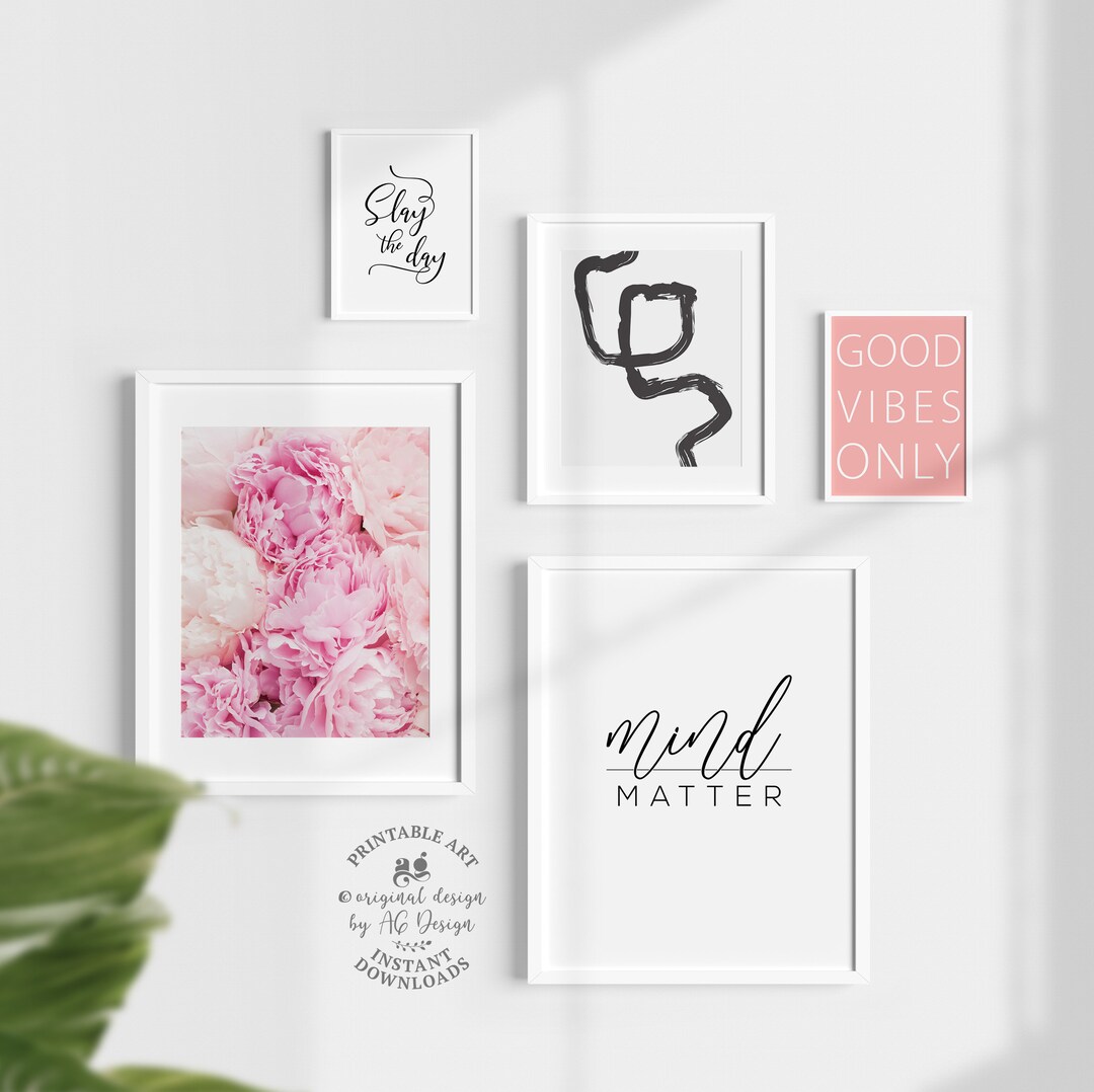 Blush Pink & Black Wall Art Printables Set of 5 Bundle, Feminine Wall