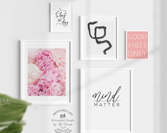 Blush pink & Black wall art printables Set of 5 Bundle, Feminine wall decor, Teen room posters, Peonies, Mind over Matter, Good Vibes, Slay