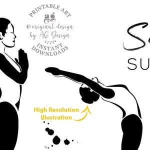 Puede incluir: Dos ilustraciones en blanco y negro de mujeres en poses de yoga. La mujer de la izquierda est&aacute; de pie con las manos en posici&oacute;n de oraci&oacute;n. La mujer de la derecha se inclina hacia adelante con los brazos extendidos por encima de la cabeza. El texto "Printable Art" y "Original design by AG Design Instant Downloads" est&aacute; en la esquina superior izquierda. El texto "Sun Salutations" est&aacute; en la esquina superior derecha.