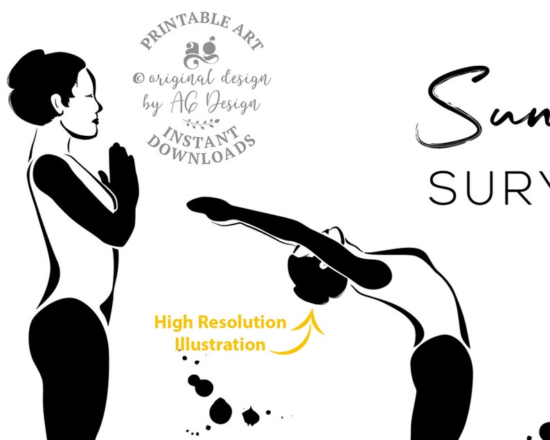 Puede incluir: Dos ilustraciones en blanco y negro de mujeres en poses de yoga. La mujer de la izquierda est&aacute; de pie con las manos en posici&oacute;n de oraci&oacute;n. La mujer de la derecha se inclina hacia adelante con los brazos extendidos por encima de la cabeza. El texto "Printable Art" y "Original design by AG Design Instant Downloads" est&aacute; en la esquina superior izquierda. El texto "Sun Salutations" est&aacute; en la esquina superior derecha.