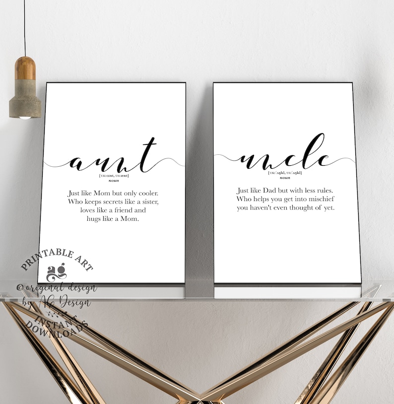 Aunt Uncle definition prints Set of 2, word definition poster, Printable Funny gifts for family, Anniversary gift for Auntie Cool Uncle sign 