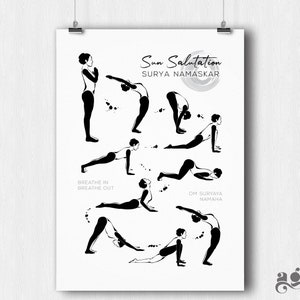 Puede incluir: Una ilustraci&oacute;n en blanco y negro de una persona realizando las posturas de saludo al sol del yoga. El texto "Sun Salutation SURYA NAMASKAR" est&aacute; en la parte superior de la imagen. El texto "BREATHE IN BREATHE OUT" est&aacute; en la esquina inferior izquierda. El texto "OM SURYAYAYA NAMAH" est&aacute; en la esquina inferior derecha.
