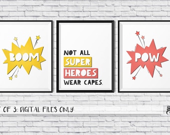 Superhero decor - Set of 3, Boom Pow Printable wall art, Comic book theme Nursery, Pop art poster, Comics inspired Quote, Best Nerd Gift