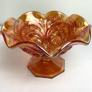 Imperial Glass Compote Marigold Scroll Embossed Eastern Star Octagonal Footed