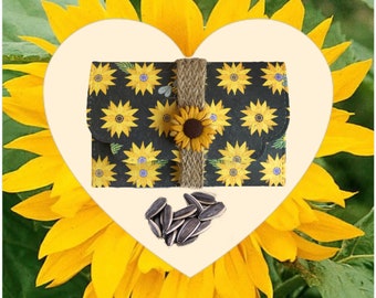 Mini Personalised sunflower seed gift. Comes in a reusable luxury envelope with jute ribbon slide fastener. Unusual unique garden gift.