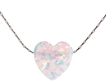 Silver White Opal Heart Necklace  - Opal Stone Necklace for Women - Cable Wire Chain 16+2 Inches Extender