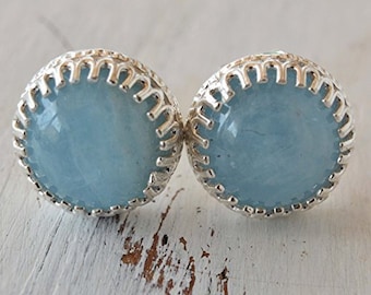 Aquamarine Earrings Sterling Silver Studs - 8 mm March Birthstone Natural Stone Women Handmade Wedding Jewelry