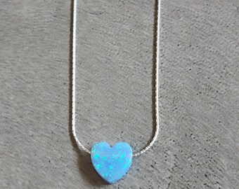 Blue Opal Heart Necklace - Sterling Silver Opal Necklace for Women - Dainty Opal Stone Necklace,Cable Wire Chain 16+2 Inches Extender