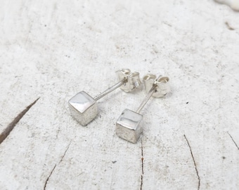 Tiny Cube Studs - Sterling Silver Post - 4 mm Stud Earrings -  Small earrings for Women Mens Handmade