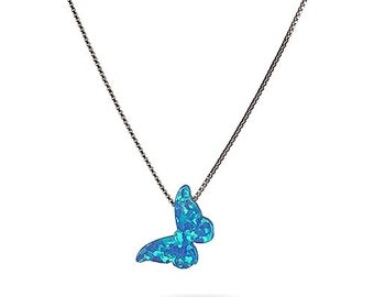 Blauwe opaal vlinder ketting cadeau voor vrouwen - 925 sterling zilveren opaal sieraden