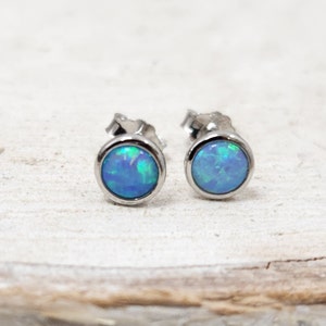 Opal Stud Earrings 4mm studs Opal Jewelry Dainty Minimalist Light Blue Opal Earrings image 1