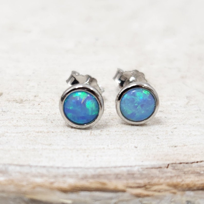 Opal Stud Earrings 4mm studs Opal Jewelry Dainty Minimalist Light Blue Opal Earrings image 1