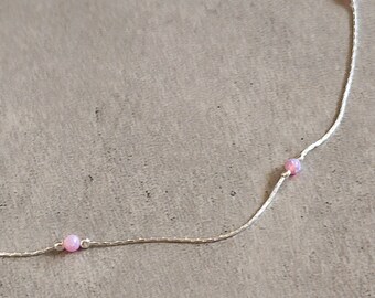 Sterling Silver 3mm Created Pink Opal Beads Choker Necklace - Opal Stone Necklace for Women, 14 + 2 Inch Extension Chain