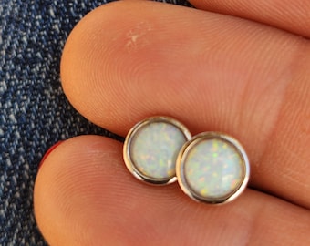 White Opal Earrings - 6mm 925 Sterling Silver Stud Earrings - Minimalist White Opal Stud Fashion Earrings for Women