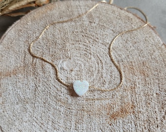14K Gold Filled White Opal Heart - Opal Stone Necklace for Women with Cable Wire Chain 16+2 Inches Extender