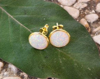 White Opal Earrings - 8mm Gold Plated Stud Earrings for Women - Minimalist Opal Studs Fashion Earrings