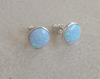 Light Blue Opal Earrings - 8mm Round 925 Sterling Silver Stud Earrings - Minimalist Blue Opal Stud Fashion Earrings for Women