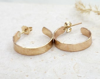 Open Hoop Earrings 14k Gold Filled Post Hammered Wide 5mm Handmade Wrap Hoops for Women