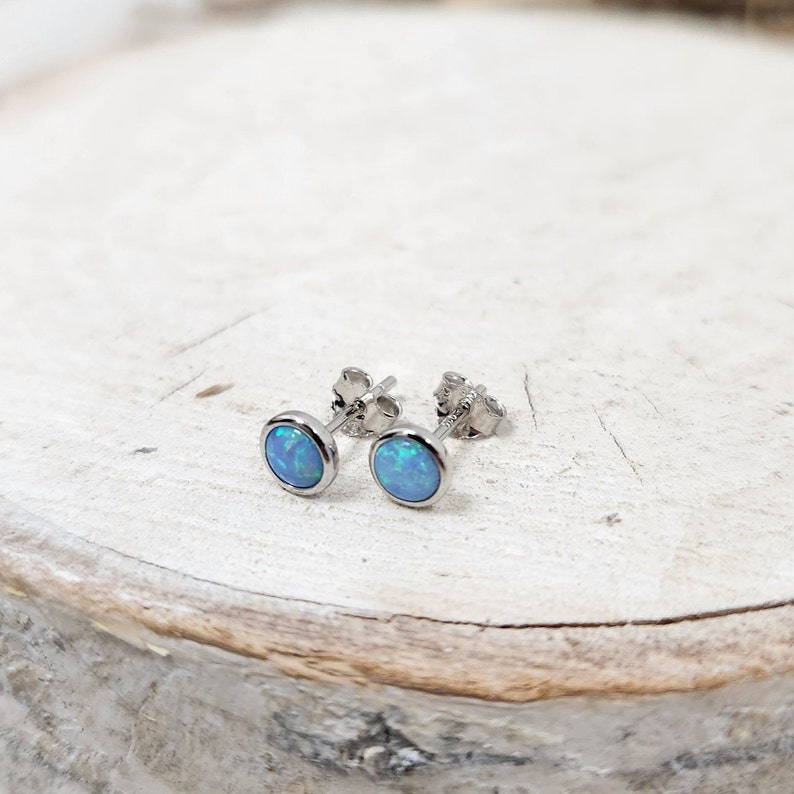 Opal Stud Earrings 4mm studs Opal Jewelry Dainty Minimalist Light Blue Opal Earrings image 4