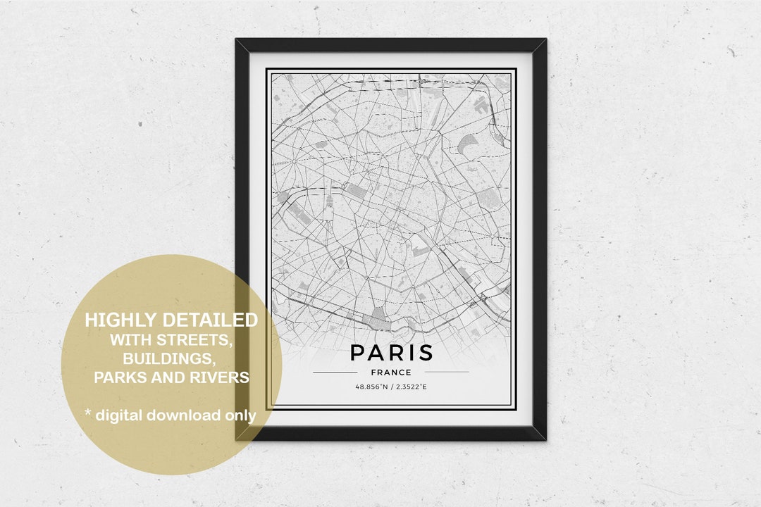 Paris Map Printable Wall Art France Print Black and White - Etsy
