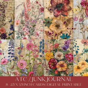 Pressed Flowers Printable ATC Junk Journal Cards Digital Download Printable Scrapbooking Vintage Watercolor Ephemera