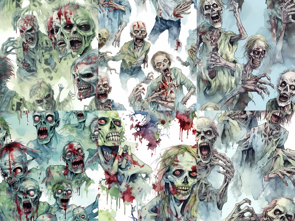 Zombies Seamless Pattern - Halloween Apocalypse: Watercolor Digital ...